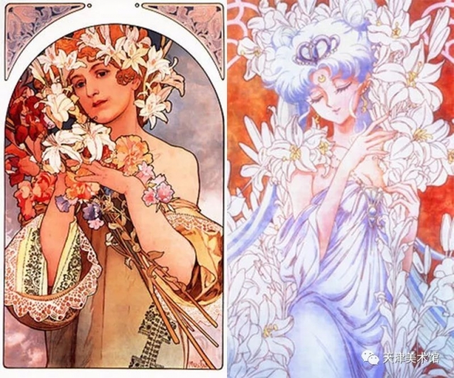 《魔卡少女樱》也是如此,漫画家clamp在构图,服饰,人物动作上参考穆夏